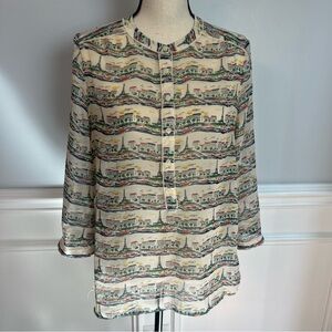 Banana Republic Sheer Popover Tunic Blouse 3/4 Sleeve Paris Eiffel Tower | Small
